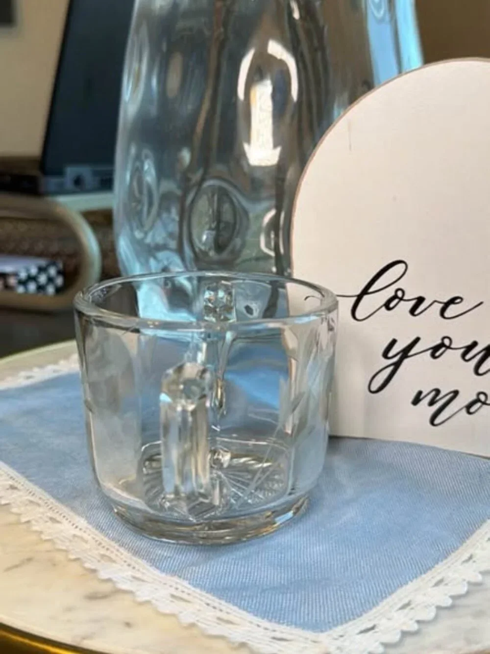 Vintage Etched Clear Glass Double Handled Sugar Bowl
